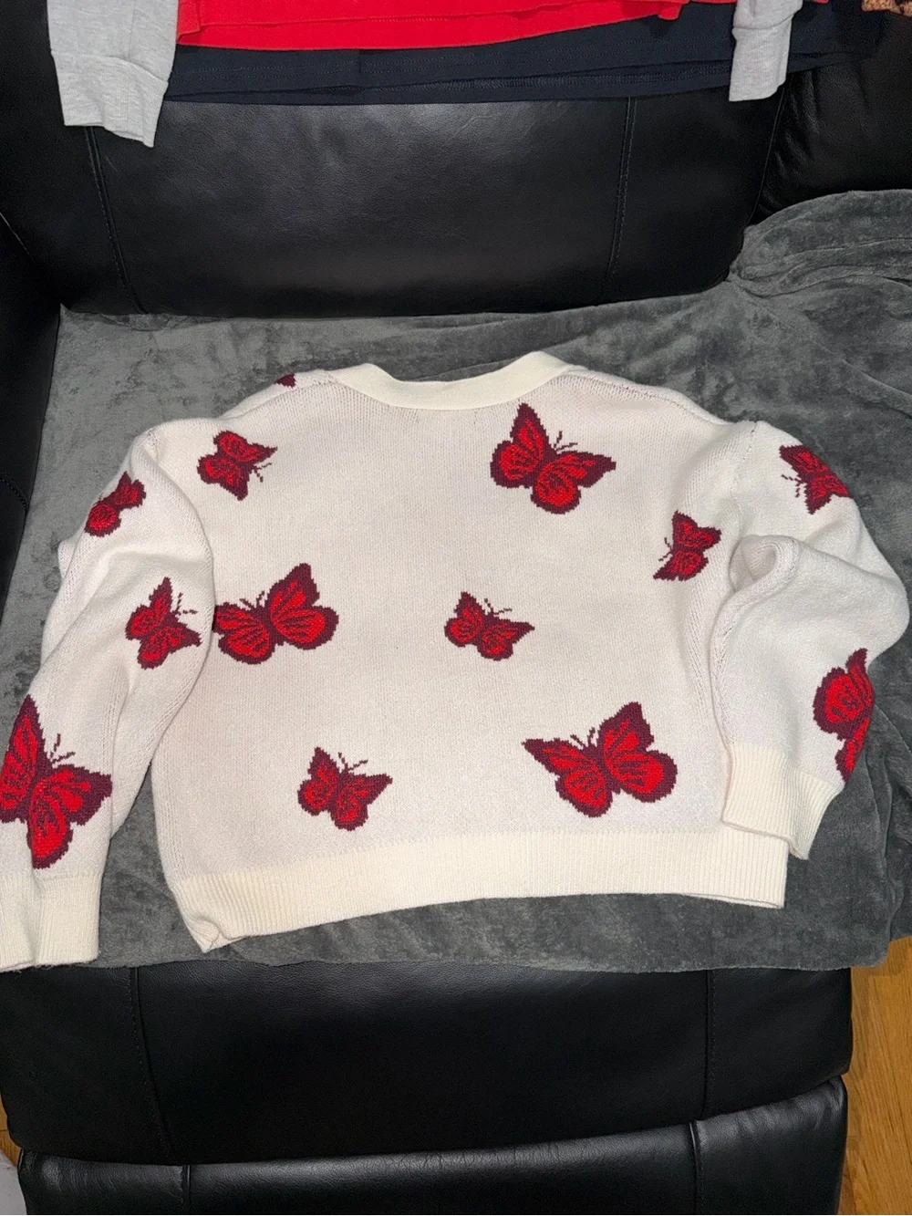 Cream Cardigan with Red Butterfly Motif